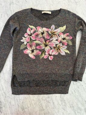 Stella McCartney Floral Appliqué Crewneck Sweater - Pink Floral on Heather Gray
